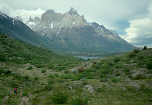 View of Cuernos del Paine; Can you spot Sue's Red Jacket?